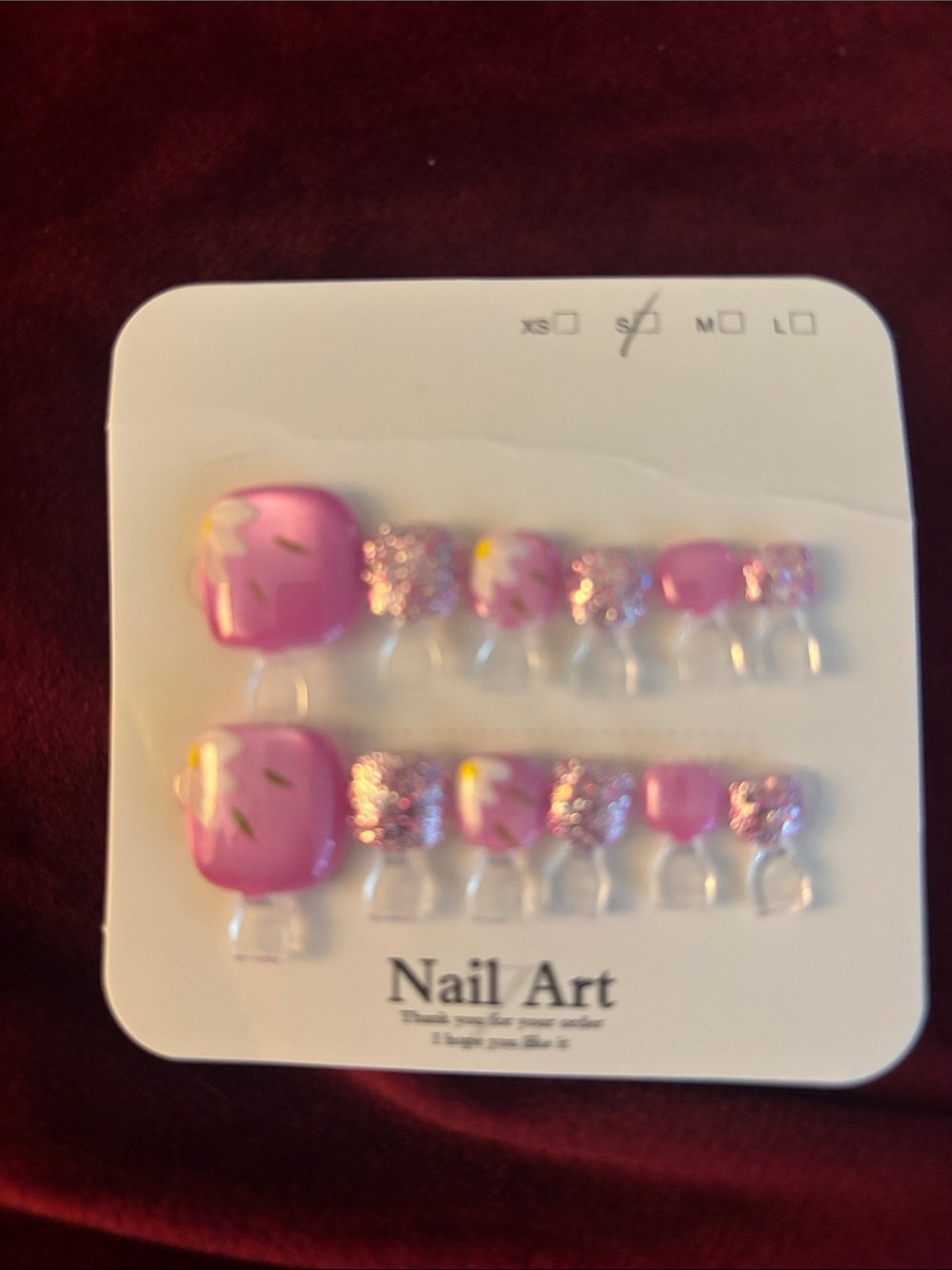 Pink Floral Glitter Press-On Toe Nails